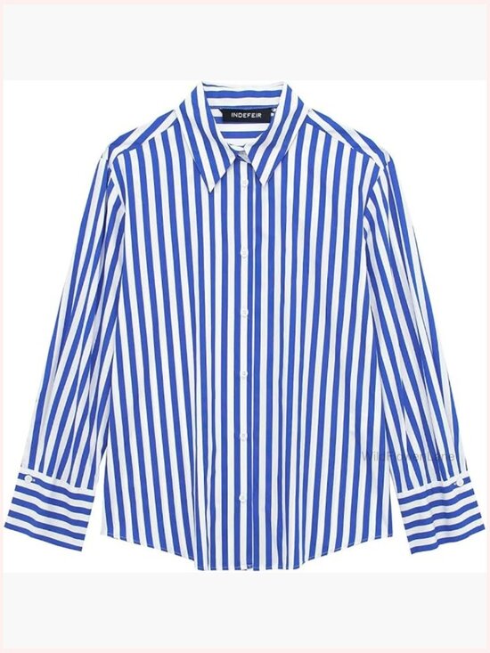 Tops - Blue and White Striped Button Down Shirt for Women